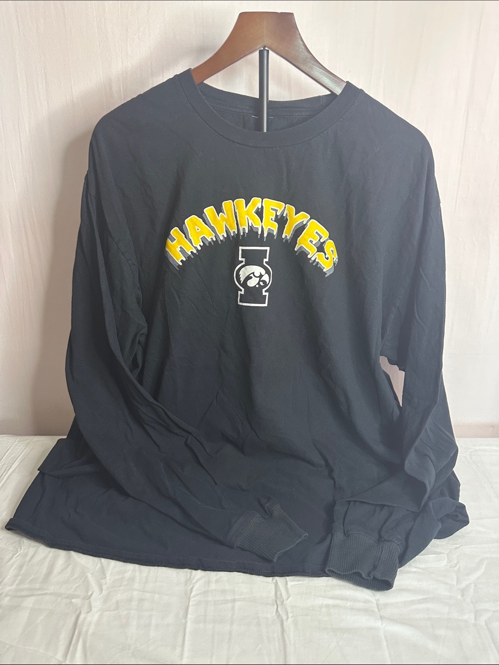 Black Long-Sleeve Crewneck Shirt with Yellow Hawkeyes Graphic